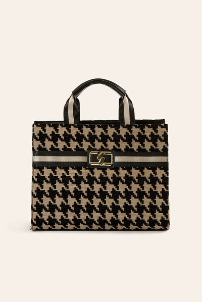 Tote bag with houndstooth print chestnut brown ladies'