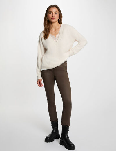 Slim trousers wet effect taupe women