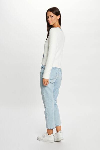 Long-sleeved cardigan with denim details ecru ladies'