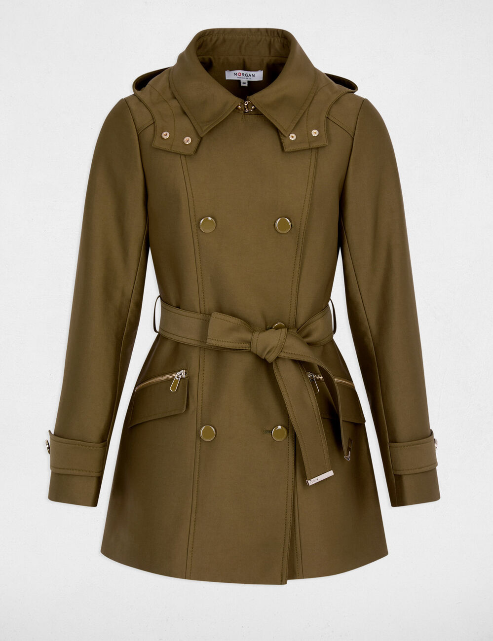 Waisted belted trenchcoat with hood khaki green women
