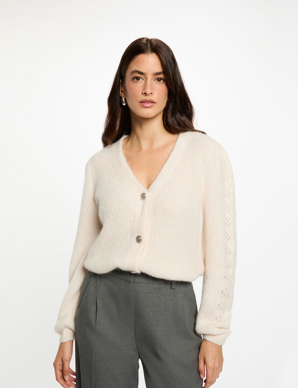 Fitted cardigan with V-neck ivory women