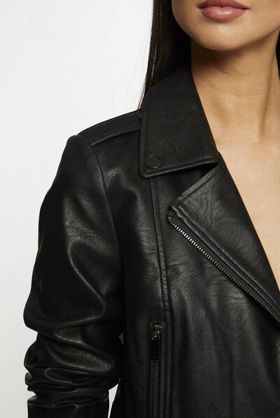 Faux leather straight zipped jacket black ladies'