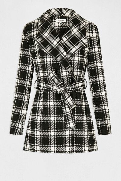 Mi-length waisted coat check print black ladies'