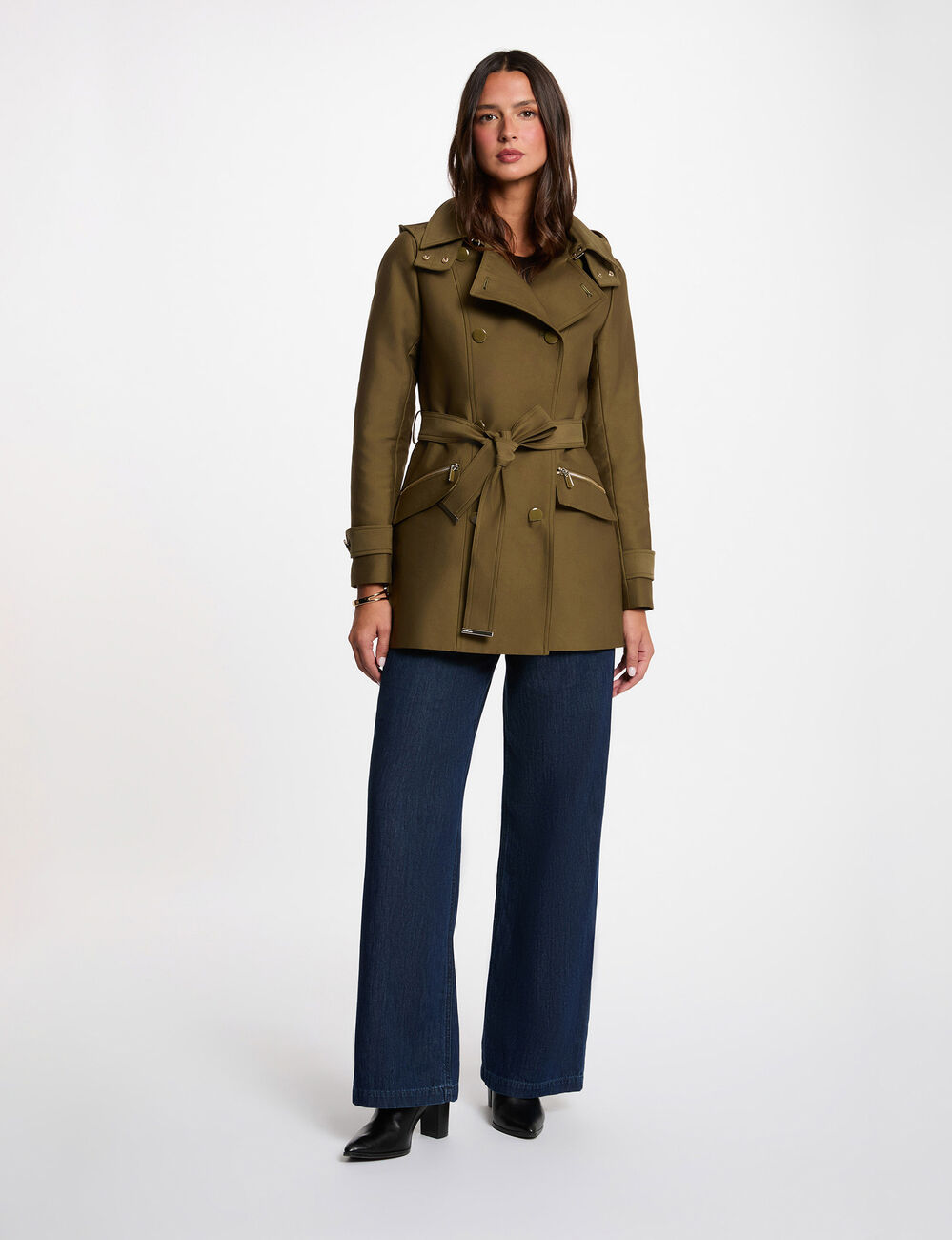 Waisted belted trenchcoat with hood khaki green women