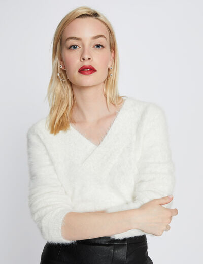 Fluffy knit jumper V-neck front and back ivory women