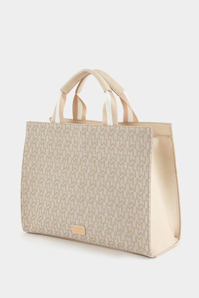 Shopper bag with monogram print beige ladies'