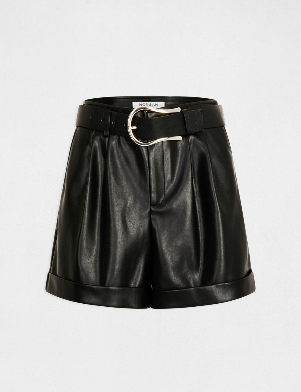 Belted paperbag shorts faux leather black women