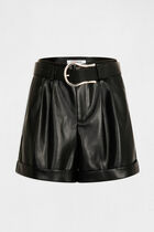 Belted paperbag shorts faux leather black women