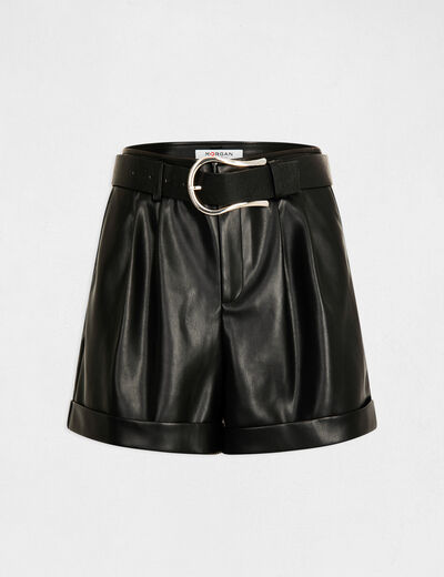 Belted paperbag shorts faux leather black ladies'