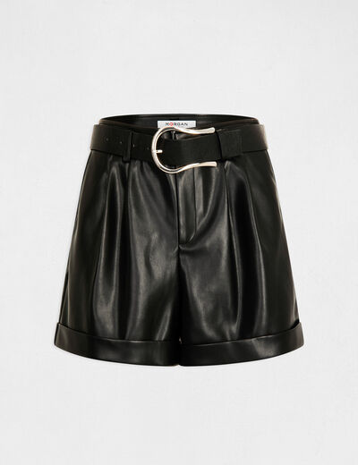 Belted paperbag shorts faux leather black women