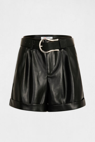 Belted paperbag shorts faux leather black ladies'