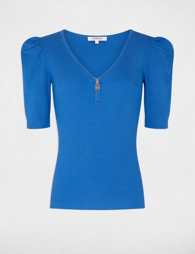 Short-sleeved jumper openwork details blue ladies'