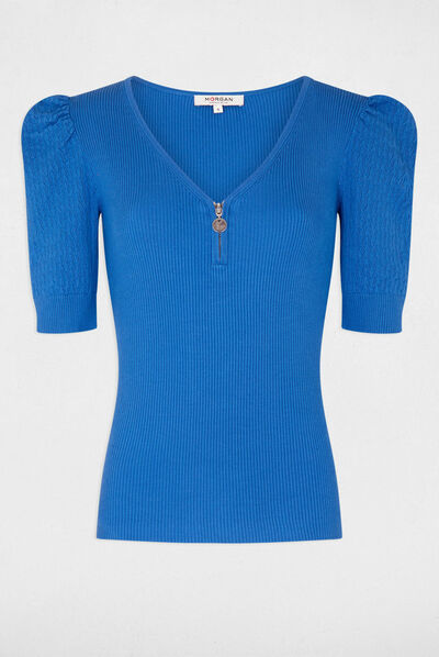 Short-sleeved jumper openwork details blue ladies'