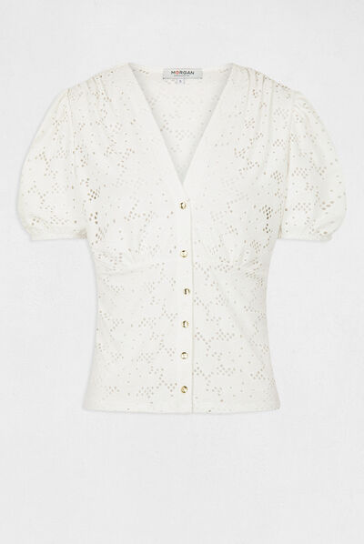 Embroidered short-sleeved t-shirt ecru ladies'