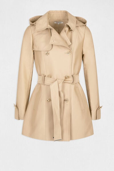 Straight belted trenchcoat with hood camel ladies'