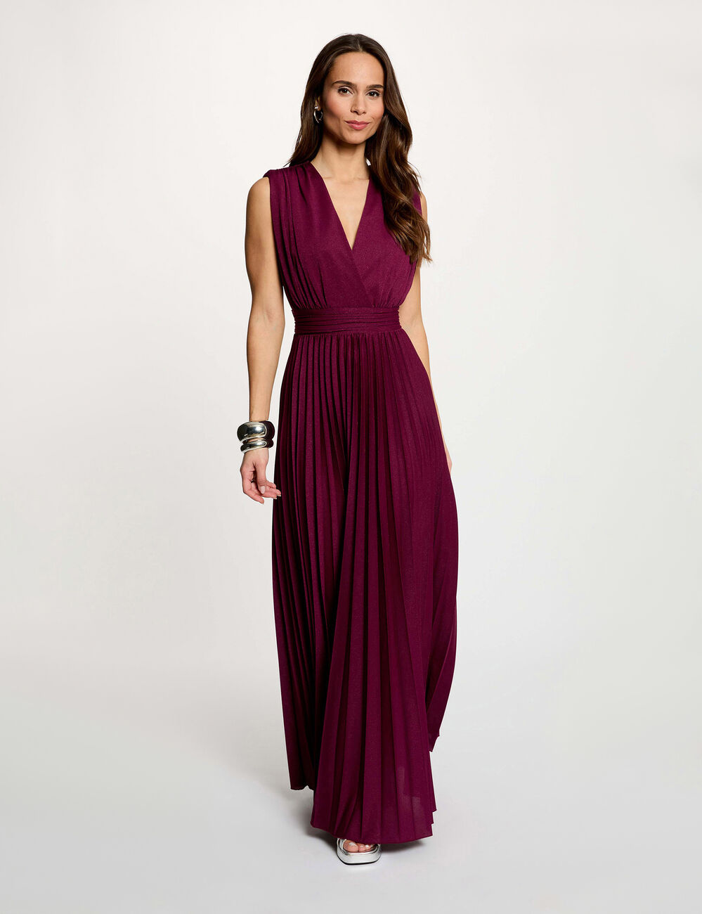 Pleated maxi straight dress plum women