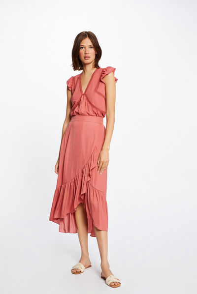 Midi A-line skirt with ruffles rust ladies'