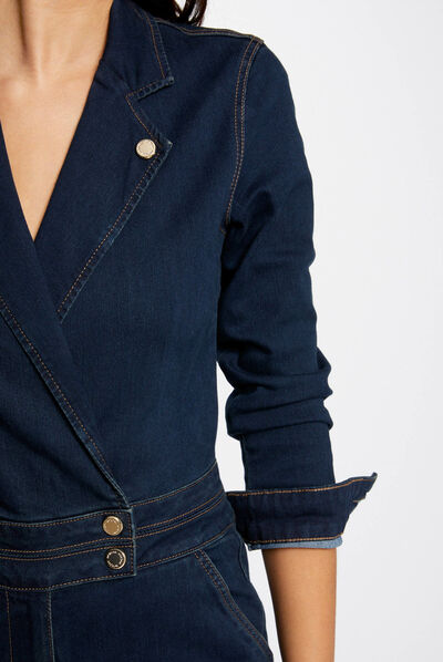 Fitted denim jumpsuit 3/4-length sleeves raw denim ladies'