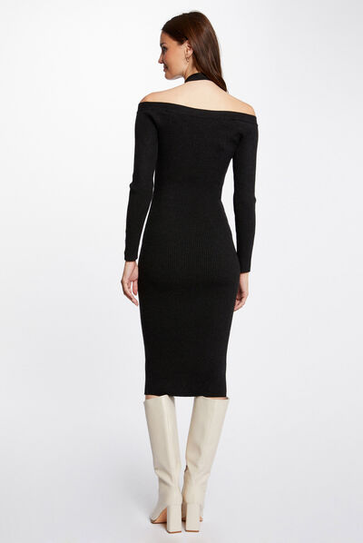 Fitted jumper dress off shoulder collar anthracite grey ladies'