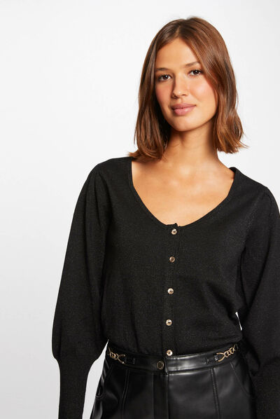Long-sleeved cardigan with round neck black ladies'