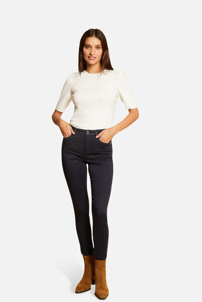 Slim trousers with studs navy ladies'