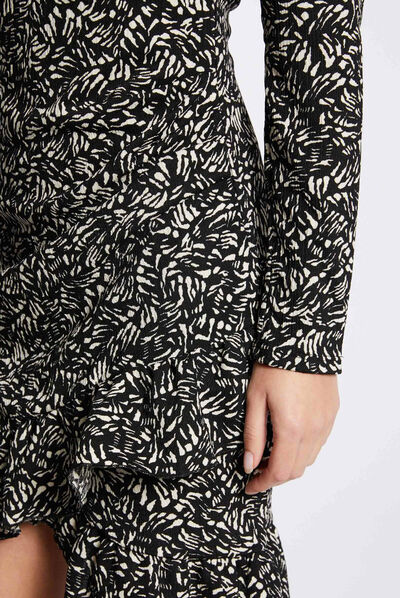 Draped fitted dress abstract print black ladies'