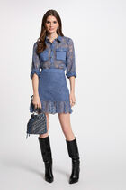 Jupe courte dentelle volants bleu gris femme