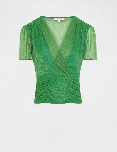 Short-sleeved t-shirt metallised threads green ladies'