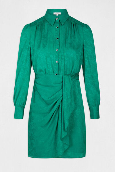 Printed satin draped straight dress green ladies'