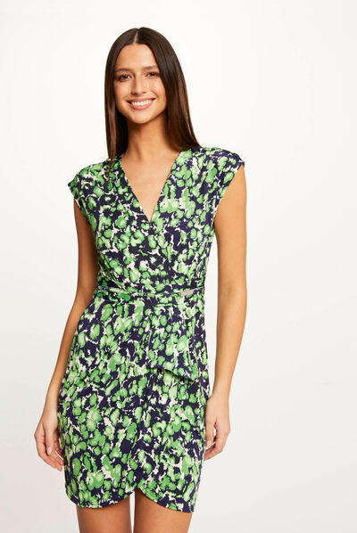 Draped fitted dress abstract print green ladies'