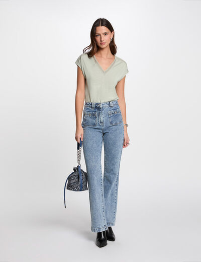 Wide leg jeans heavy stone wash denim women