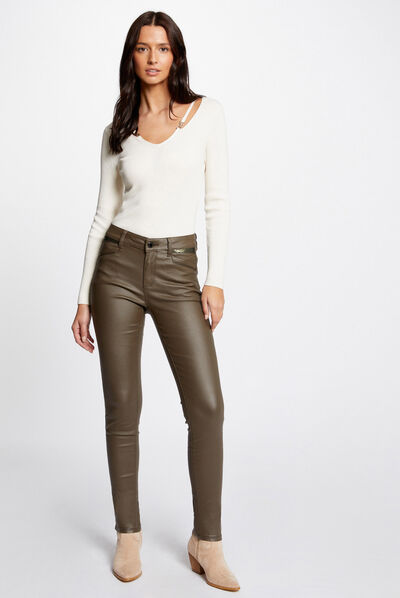 Skinny trousers with wet effect khaki green ladies'