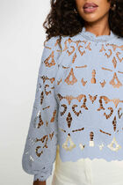 Embroidered blouse with high neck sky blue women