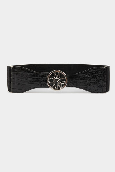 Elasticised belt with logo buckle black ladies'