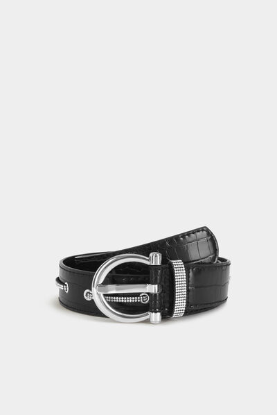 Belt with croc effect and rhinestones black ladies'