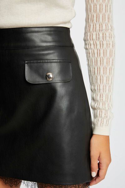 Straight faux leather skirt lace detail black ladies'