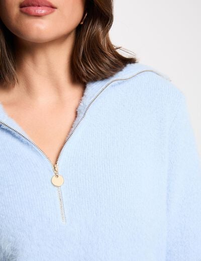 Long-sleeved jumper with zipped collar sky blue women