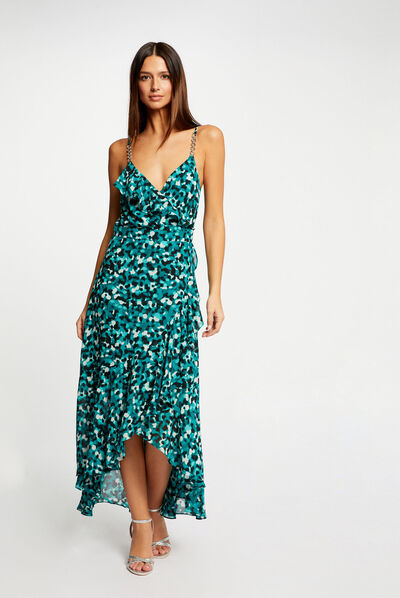 Maxi A-line dress with abstract print green ladies'