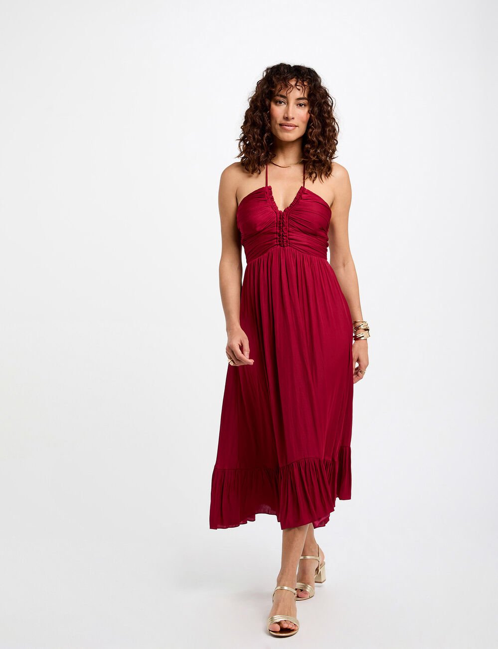 Robe midi droite satin rouge foncé femme
