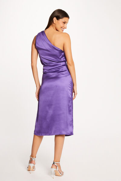 Slitted straight satin skirt purple ladies'