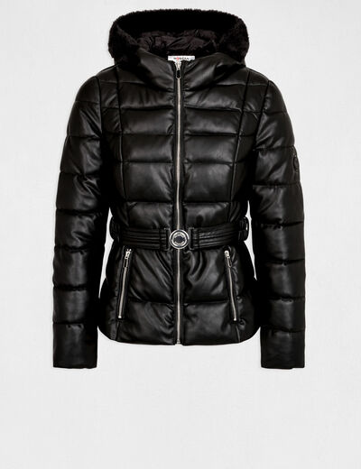 Waisted faux leather padded jacket black ladies'