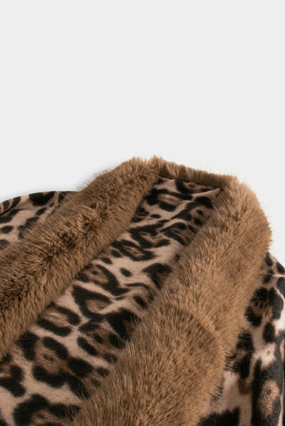 Poncho with fringes and leopard print chestnut brown ladies'