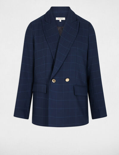Checked straight blazer navy blue women