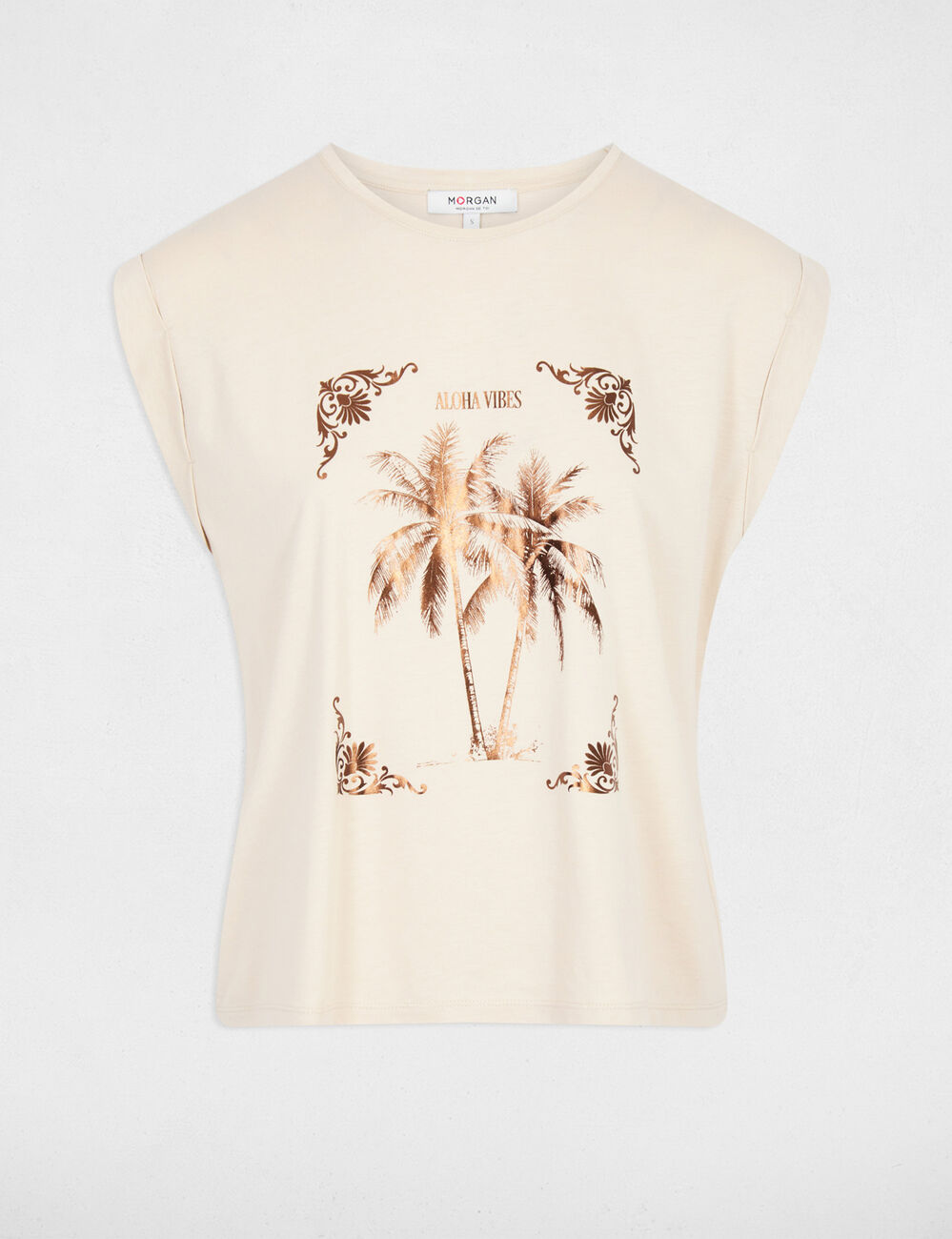 Printed t-shirt with round neck light beige women