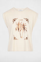 Printed t-shirt with round neck light beige women