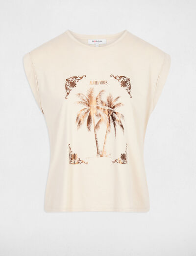 Printed t-shirt with round neck light beige women