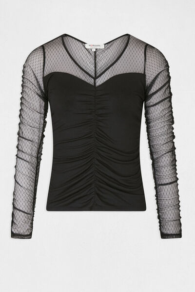 Long-sleeved t-shirt with dobby spot black ladies'
