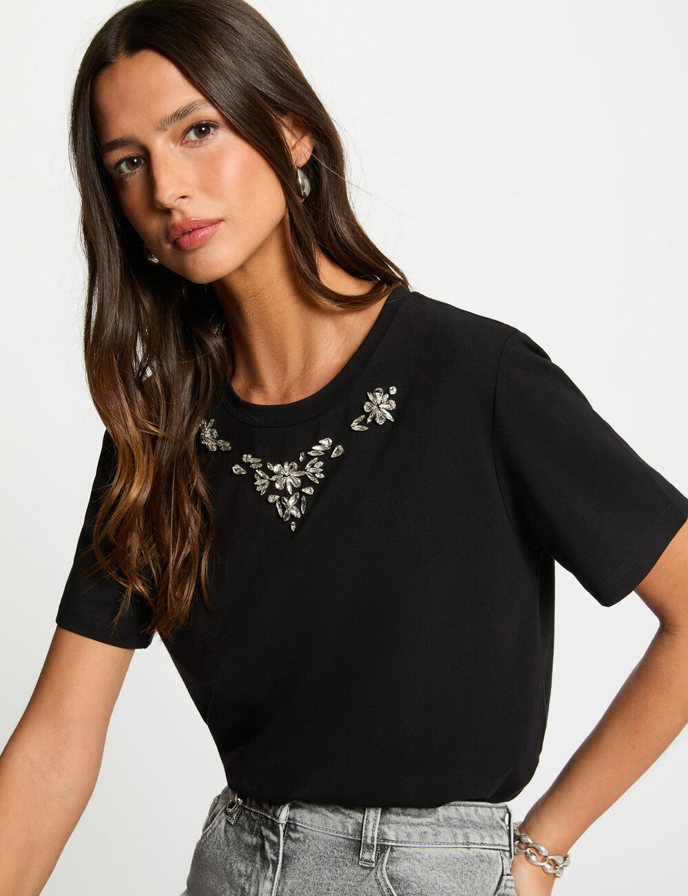 Short-sleeve t-shirt with rhinestones black women