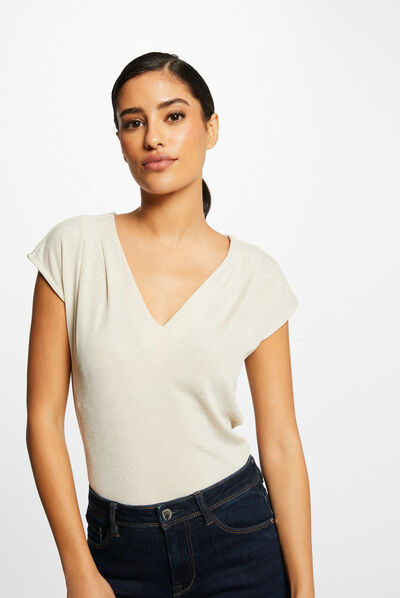 Short-sleeved t-shirt with V-neck ivory ladies'