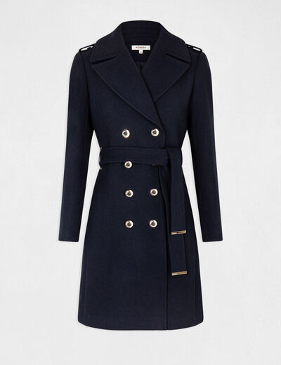 Belted long waisted coat navy ladies'